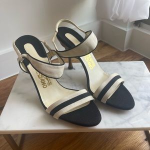 Salvatore Ferragamo Cream & Navy Strappy Heels